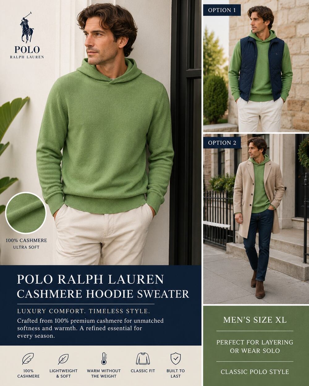 Polo Ralph Lauren Cashmere Hoodie Green Sweater Pullover Men's XL Luxury
